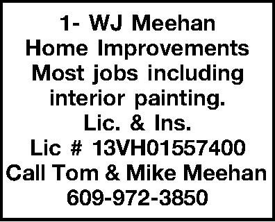 1- WJ Meehan Home Improvements  1- WJ Meehan Home Improvements Most jobs including interior painting.  Lic. & Ins.  Lic # 13VH01557400  Call Tom & Mike Meehan 609-972-3850 